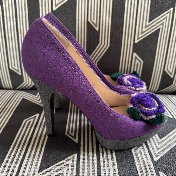 Primadonna Vera Pelle Purple Felt Wool Crochet Floral Peep Toe Pumps Size 10 - Picture 5 of 16